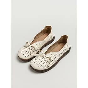 Women's Beige Perforated Ballet Flats – Faux Leather Slip On Shoes with Breathable Cutout Upper, Flexible Non-Slip Sole and Elegant Bow Detail for Travel, Casu