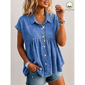 Femmes Chemise Chemisier Boutons Couleur Unie Élégant Vacances ancien Sans manches Col Rabattu Hauts Longs Occasionnel Bleu Noir Vert Été Printemps