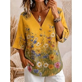 Femmes Chemisier Boutons Fleuri Graphique Élégant Vacances Quotidien Manche 3/4 Col en V Hauts Réguliers Occasionnel Quotidien Fête Jaune Rose Claire Vert Été