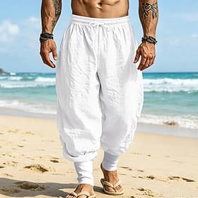 Men's Linen Pants Trousers Summer Pants Baggy Pants Beach Pants Drawstring Elastic Waist Plain Comfort Breathable Full Length Casual Daily Holiday Vacation Fas