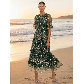 Ligne A Robe Longueur cheville Robe de Mère de Mariée  Demi Manches Col ras du cou Élégant ancien Luxueux Mariage à la plage Fête de jardin Formel Tulle mousse