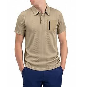 Men's Polo Shirts Textured Casual Work Turndown Short Sleeve Plain Zip Up Pocket Spring  Summer Brown Polo Shirts