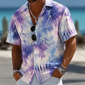 Homme Musique Notes Tie Dye Chemise Chemise d'été Chemise Boutonnée Manche Courte Vintage Rétro Extérieur Vacances à la Plage Été Printemps Col Rabattu Impress thumbnail 3