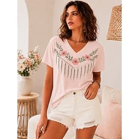 Femmes T-shirt Imprimé Fleuri Graphique Plantes Mode Élégant Classique Manche Courte Col en V Hauts Réguliers Occasionnel Quotidien Sports Blanche Rose Claire thumbnail 2