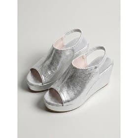 Women's Wedge Sandals - Silver Metallic Faux Leather Peep Toe Platform Shoes for Resort Vacation, Poolside Party
