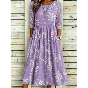 Women's Midi Dress Shift Dress Vacation Casual Boho Daily Summer Dress Spring Dress Regular Fit Floral Graphic Half Sleeve Crew Neck Light Purple Summer Spring