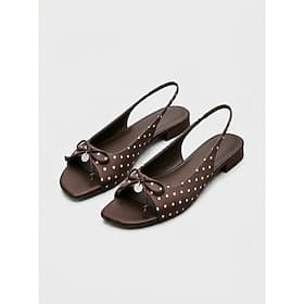 Women's Brown Polka Dot Slingback Flats - Peep Toe Satin Shoes with Bow for Beach Resort Vacation  Evening Party