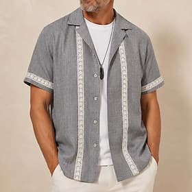 Men's Cuban Collar Shirt, Summer Short Sleeve Button Up Casual Vacation Shirt with Woven Trim