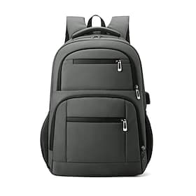Men's Student Laptop Backpack, Black/Gray/Blue Water-Resistant Polyester School Bag, Large Capacity Multi-Compartment Bookbag with Luggage Strap for College, H