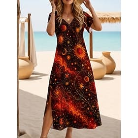 Femmes Robe Midi Robe trapèze Occasionnel Fête Date Coupe régulière Fleuri Graphique Léopard Manche Courte Col en V Bleu Rouge Violet Vert Été Printemps