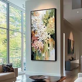 Peinture à l'huile de fleurs, peinture florale texturée faite à la main, peinture abstraite de fleurs blanches à l'huile, art impasto, vert sauge décor rose po