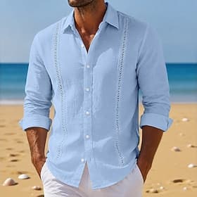 Men Shirt Linen Shirt Beach Wear Button Up Shirt Plain Casual Daily Black White Navy Blue Khaki Long Sleeve Turndown Spring  Summer Summer Clothing Apparel But