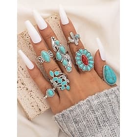Women's Turquoise Ring Set Vintage Silver Alloy Stackable Rings Boho Southwestern Western Cowgirl Jewelry Floral Cactus Statement Rings for Vacation Festival D