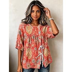 Women's Blouse Drawstring Buttons Graphic Paisley Bohemia Vacation Vintage 3/4 Length Sleeve Crew Neck Regular Tops Casual Blue Orange Summer Spring