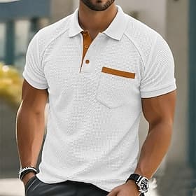 Homme Polo en seersucker Ice Silk Texturé Occasionnel Vacances Col Rabattu Manche Courte Mode Basique Uni Patchwork Poids Léger Boutons Printemps  Été Bleu Noi