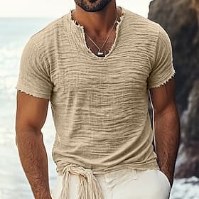 Men's T Shirt Linen T-Shirt Short Sleeve V Neck Summer Spring Solid Color Plain Textured Vacation Vintage Sports Raw Edge Distressed Casual Home Outdoor White