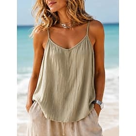 Femmes Gilet en coton et lin Froncé Texture Couleur Unie Uni Vacances ancien Sans manches Col en V Hauts courts Occasionnel gris bleuâtre Noir Blanche Rouge Ve