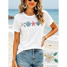 Femmes 100% Coton T-shirt T-shirt brodé Graphique Océan ancien Élégant Occasionnel Manche Courte Col ras du cou Hauts Réguliers Occasionnel Quotidien Week-end thumbnail 2
