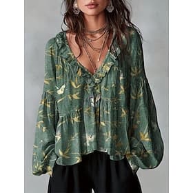 Femmes Chemise Tunique A Volants A Ombre Fleuri Graphique Élégant Bohème Vacances manche longue Col en V Hauts Longs Occasionnel Quotidien Bleu Blanche Jaune R thumbnail 3