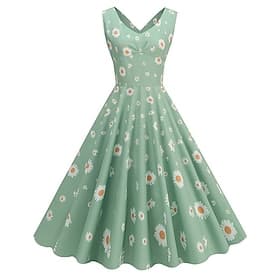 Années 1950 Rétro Vintage Rockabilly Midi Robe trapèze Robe Évasée Sans manches Fleuri Ajusté  Évasé Col en V Déguisement Femmes Occasionnel Réveil Adulte Robe