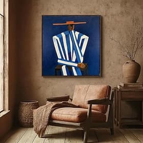Peinture à l'huile sur toile, réalisée à la main, décor mural de style suburbain, figures bleues et blanches, pour la décoration intérieure, roulée, sans cadre