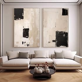 Ensemble de 2 tableaux abstraits peints à la main, style wabi-sabi, minimaliste, art mural moderne, beige wabi-sabi art mural noir