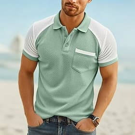 Homme Polo en seersucker Ice Silk Texturé Occasionnel Vacances Col Rabattu Manche Courte Mode Basique Patchwork Poids Léger Boutons Printemps  Été Bleu Noir Ve