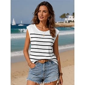Women's T Shirt Striped Bohemia Stylish Casual Sleeveless Crew Neck Regular Tops Casual Daily Going out White Summer Spring