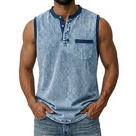 Homme Débardeur Chemise 100% coton délavée à l'acide Sans manches Henley Été Printemps Uni Mode Occasionnel Bloc de Couleur Teinture en vêtement Délavé Occasio thumbnail 2