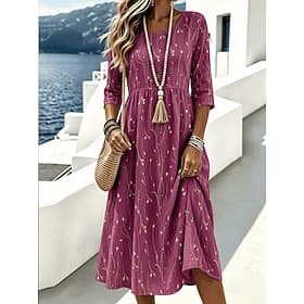 Women's Midi Dress Sundress Casual Dress Summer Dress Vacation Casual Beach Beach Holiday Regular Fit Floral Graphic 3/4 Length Sleeve Crew Neck Blue Pink Gree thumbnail 2