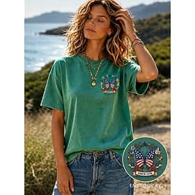 Femmes 100% Coton T-shirt brodé Hauts effet délavé vintage Papillon ancien Classique Occasionnel Manche Courte Col ras du cou Hauts Réguliers Occasionnel Quoti thumbnail 2