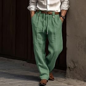 Men's Linen Pants Trousers Summer Pants Baggy Pants Drawstring Elastic Waist Straight Leg Plain Comfort Breathable Full Length Casual Daily Holiday Fashion Cla