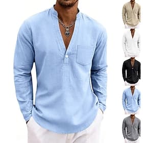Men's T Shirt Henley Shirt Long Sleeve Shirt Long Sleeve V Neck Summer Spring Plain Fashion Streetwear Leisure Pockets Buttons Casual Daily Vacation White Blac