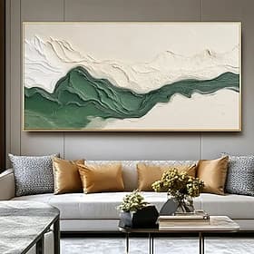 Peinture à l'huile abstraite texturée en 3D, réalisée à la main, représentant un paysage vert et blanc. Paysage original peint à la main, rivière verte sur toi