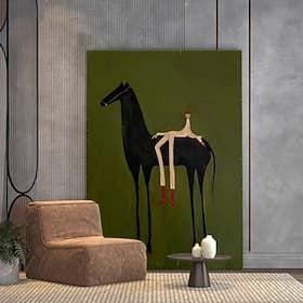 Peinture à l'huile sur toile, faite à la main, représentant une figure à cheval au style rétro. Décoration murale, roulée, sans cadre ni châssis.