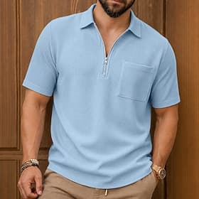 Homme Chemises Polo Gaufre Texturé Occasionnel Formel Fermeture éclair Revers Manche Courte Mode Couleur Unie Uni Avec Poches Boutons Printemps  Été Bleu bleu