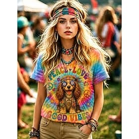 Festival de musique Femmes T-shirt Bloc de Couleur Imprimé Graphique Animal Chien ancien Élégant Classique Manche Courte Col ras du cou Hauts Réguliers Occasio