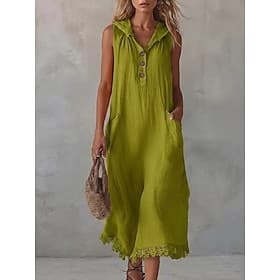 Femmes Robe Midi Robes effet lin Robe en Dentelle Occasionnel Quotidien Coupe Ample Couleur Unie Sans manches À capuche couleur orange Noir Blanche Rose Claire