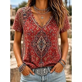 Women's T Shirt Print Graphic Paisley Stylish Classic Casual Short Sleeve V Neck Regular Tops Casual Daily Blue Red Orange Summer Spring