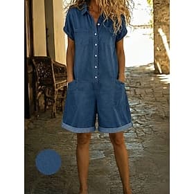 Combinaison-short vintage pour femme, à poches plaquées et boutonnage simple, en denim délavé