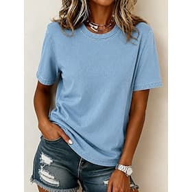 T-shirt en jean patchwork vintage élégant style western, manches courtes, col rond, coupe classique, décontracté, idéal pour le quotidien, les sorties, bleu ét