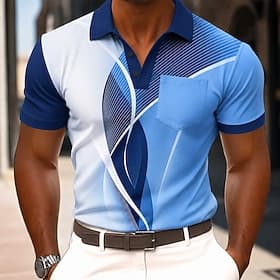 Men's Geometic Line Polo Shirts Short Sleeve Polo Shirts Collared Shirts Business Casual Outdoor Athleisure Daily Wear Pocket 3D Print Buttons Spring  Summer B