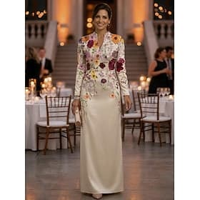 Fourreau Colonne Longueur au sol Robe de Soirée Élégant ancien Floral manche longue Col en V Fête de jardin Mariage Tulle Charmeuse avec Fleur brodée Broderie