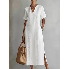 Women's Midi Dress Lace Dress White Dress Summer Dress Elegant Fashion Vacation Holiday Loose Fit Plain Short Sleeve V Neck White Yellow Pink Green Summer Spri