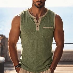 Men's Tank Top Vest Top 100% Cotton Acid Wash Shirt Sleeveless Henley Summer Spring Plain Fashion Casual Color Block Garment Dyed Faded Casual Vacation Street thumbnail 2