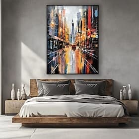 Peinture à l'huile sur toile, réalisée à la main, représentant un paysage abstrait de bâtiments et de scènes de rue. Décoration murale idéale pour la maison. T