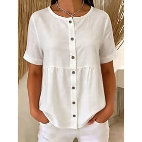 Femmes Chemise Chemisier Boutons Couleur Unie Élégant Occasionnel Manche Courte Col ras du cou Hauts Réguliers Occasionnel Quotidien Bleu Noir Blanche Rose Cla