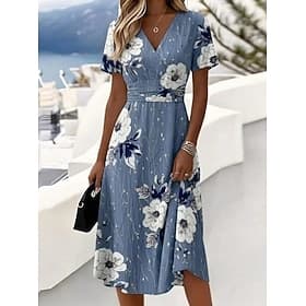 Women's Midi Dress Shift Dress Vacation Casual Boho Daily Summer Dress Spring Dress Regular Fit Floral Graphic Leaf Short Sleeve V Neck Blue Summer Spring