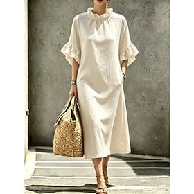 Women's Midi Dress Shift Dress Vacation Fashion Casual Beach Vacation Loose Fit Geometric Half Sleeve Crew Neck White Yellow Red Sky Blue Summer