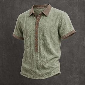 Men Shirt Linen Shirt Summer Shirt Vintage Shirt Button Up Shirt Color Block Casual Vacation Green Khaki Short Sleeve Shirt Collar Summer Spring Clothing Appar